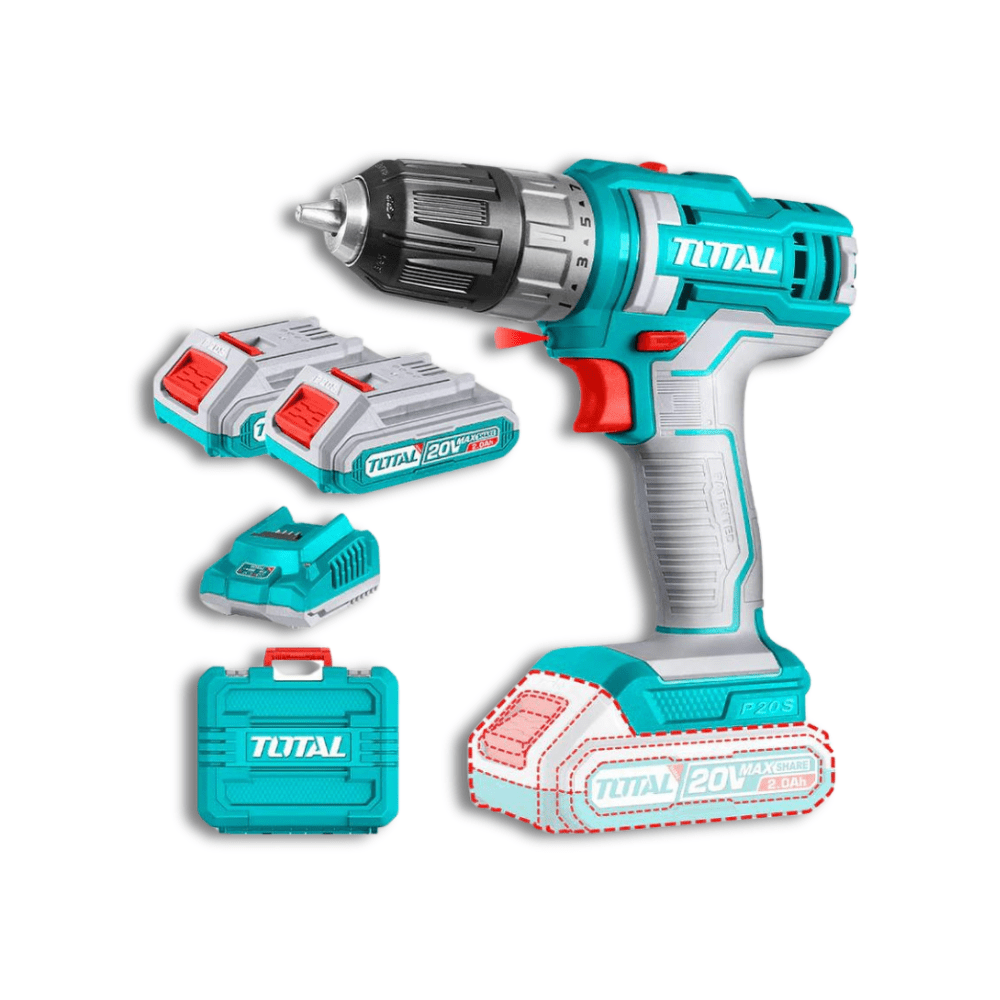 TALADRO ATORNILLADOR INALÁMBRICO 20v - MANDRIL 10MM, 45MM - CON 2 BATERÍAS 2.0ah LITIO-ION, CARGADOR Y MALETÍN PLÁSTICO TOTAL